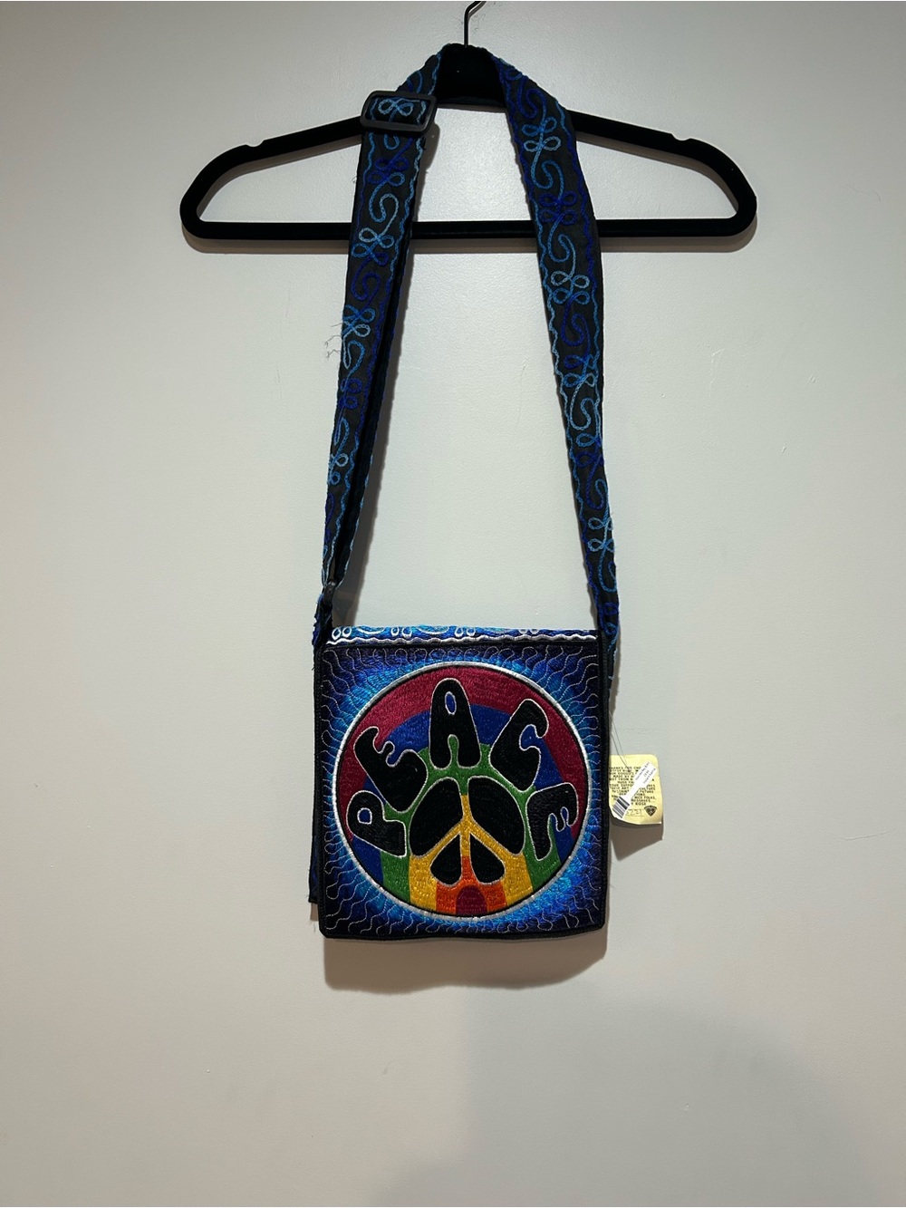 Blue Embroidered Peace Rainbow Crossbody Bag - Adjustable Strap